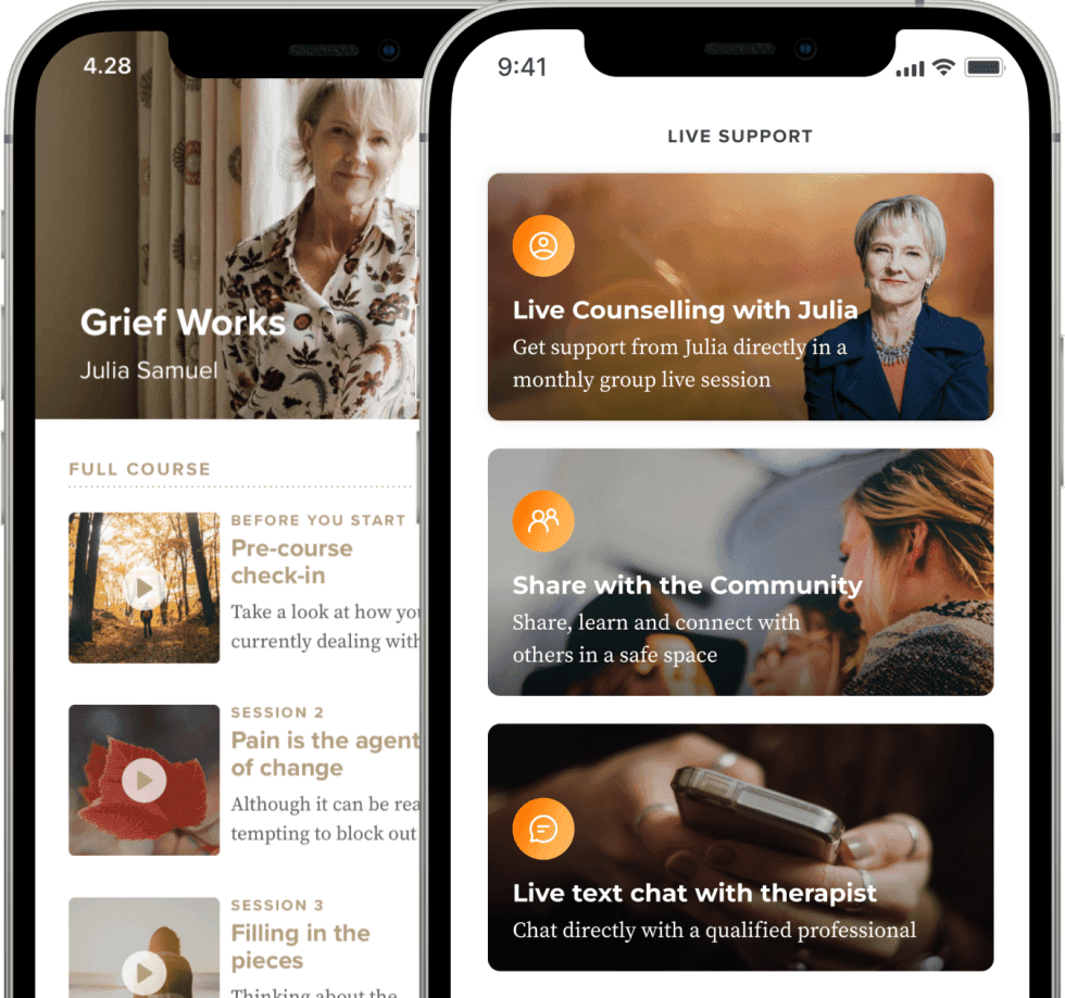 Two iPhone screens showing the Grief Works app: Julia Samuel's video course on the left and live support options including counselling, community sharing, and therapist chat on the right.