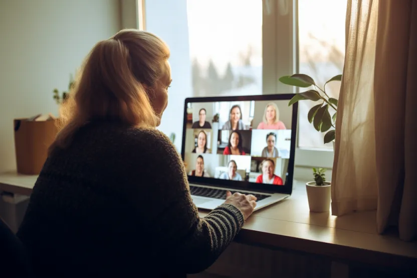 A woman joining a group video call on her laptop from home, illustrating the live online community session experience.