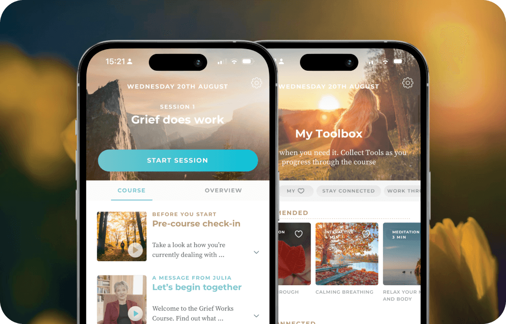 Two phones showing the Grief Works app's session and toolbox screens for guided, self-paced healing