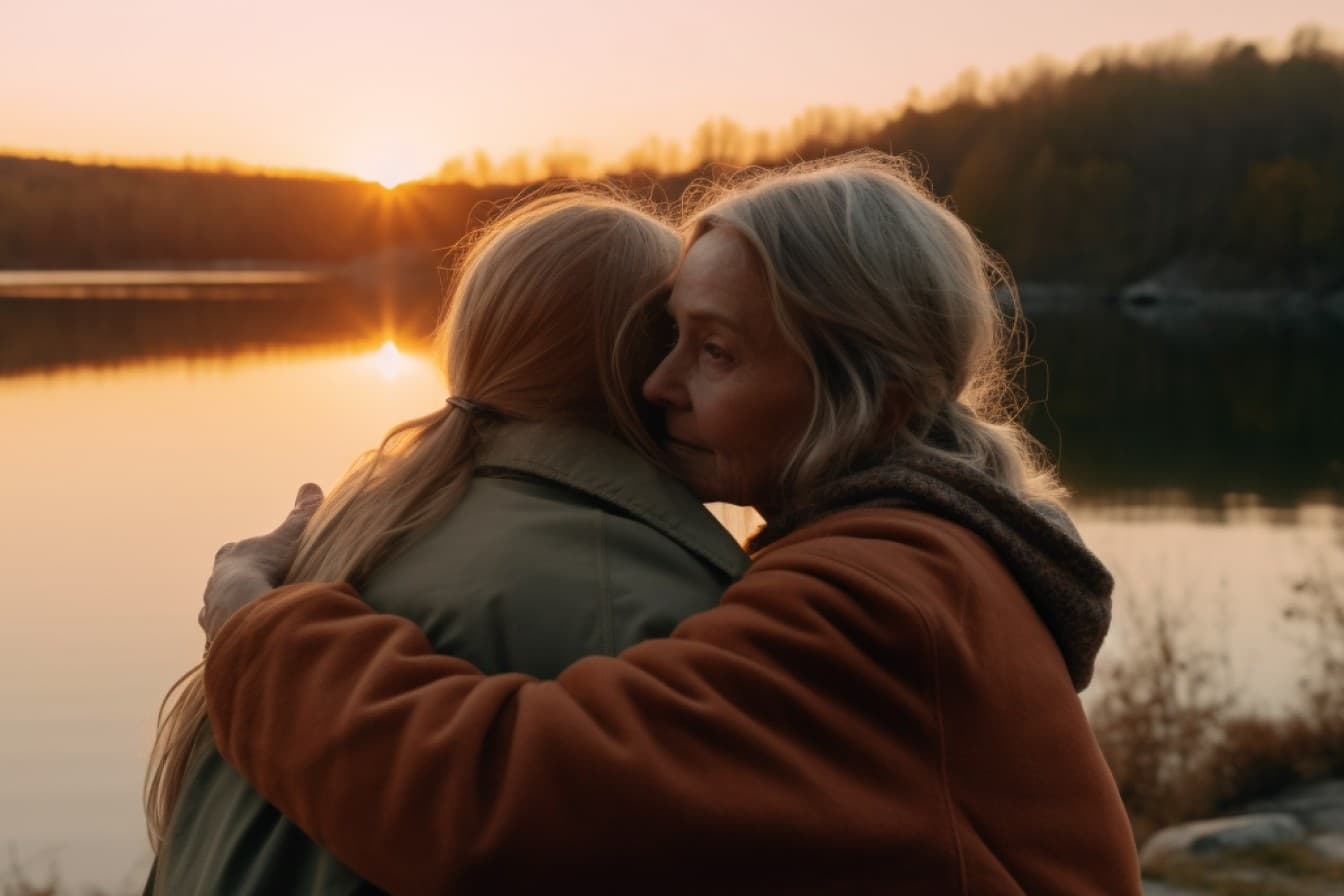 Two women embracing by a lake at sunset